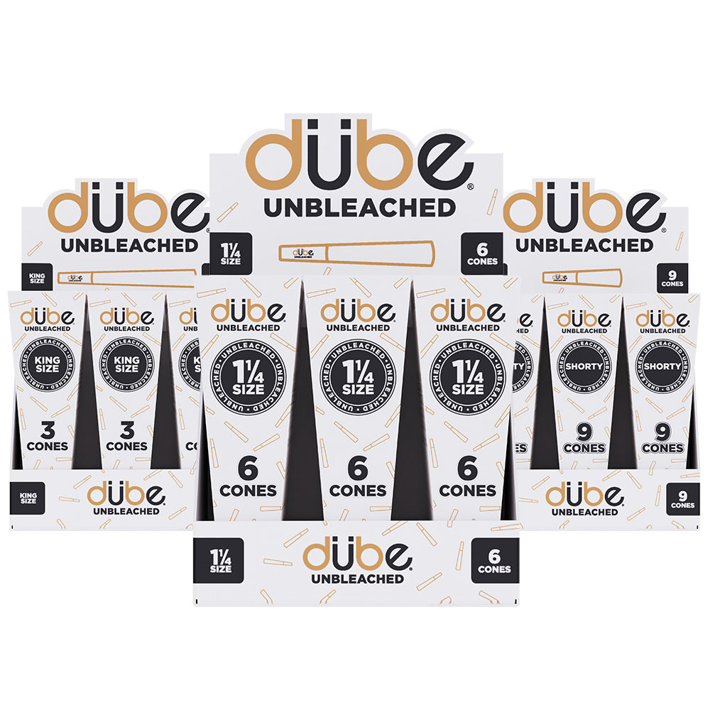 Wholesale display of Dube Unbleached Pre Roll Cones for smoke shops
