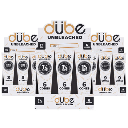 Wholesale display of Dube Unbleached Pre Roll Cones for smoke shops