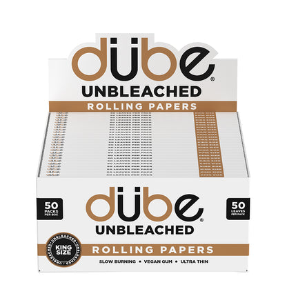 Retail display of Dube Unbleached King size rolling paper cones